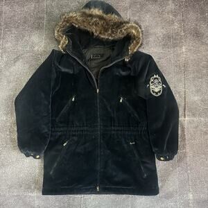 Women's Vintage 80's Bogner USA Navy Blue Velour Raccoon Fur Winter Jacket Sz 10